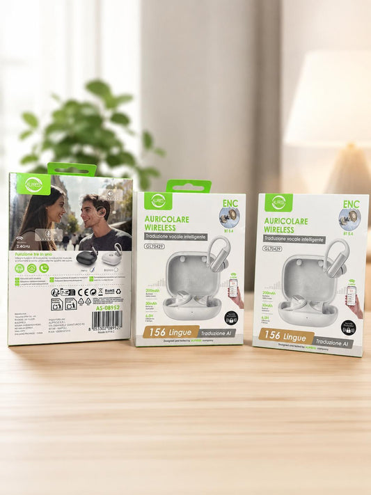 Auricolare Sportivo con Supporto a Gancio Bluetooth 5.4 Traduzione Vocale IA 150 Lingue Autonomia 6 Ore Ricarica Estendibile